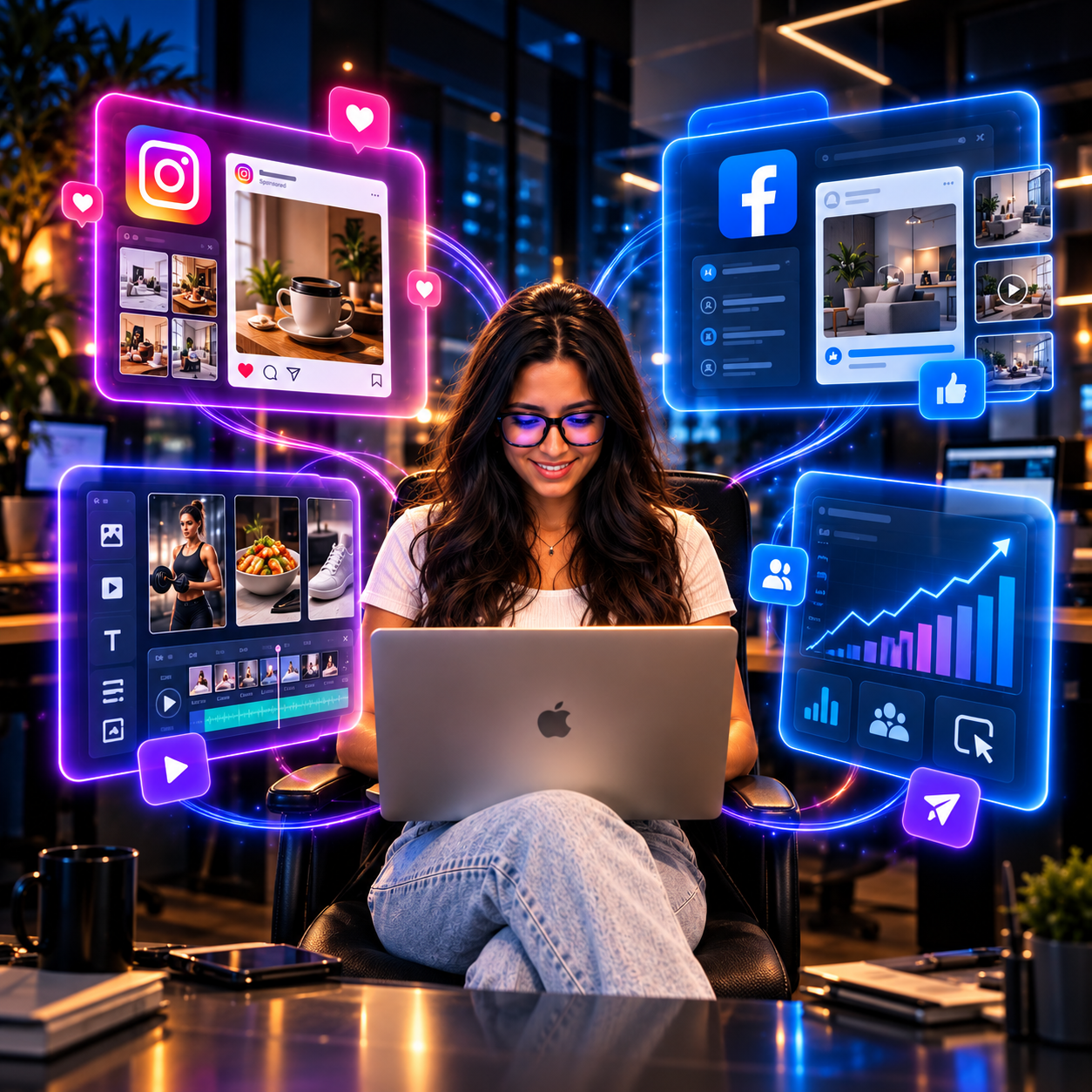 Gestão de anúncios, conteúdo e resultados de marketing no Instagram e Facebook.