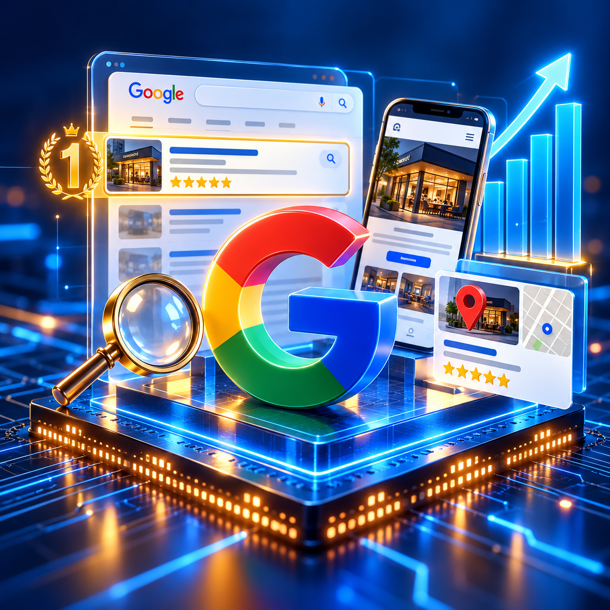 Presença da empresa nas buscas do Google, no Maps e em uma página profissional.