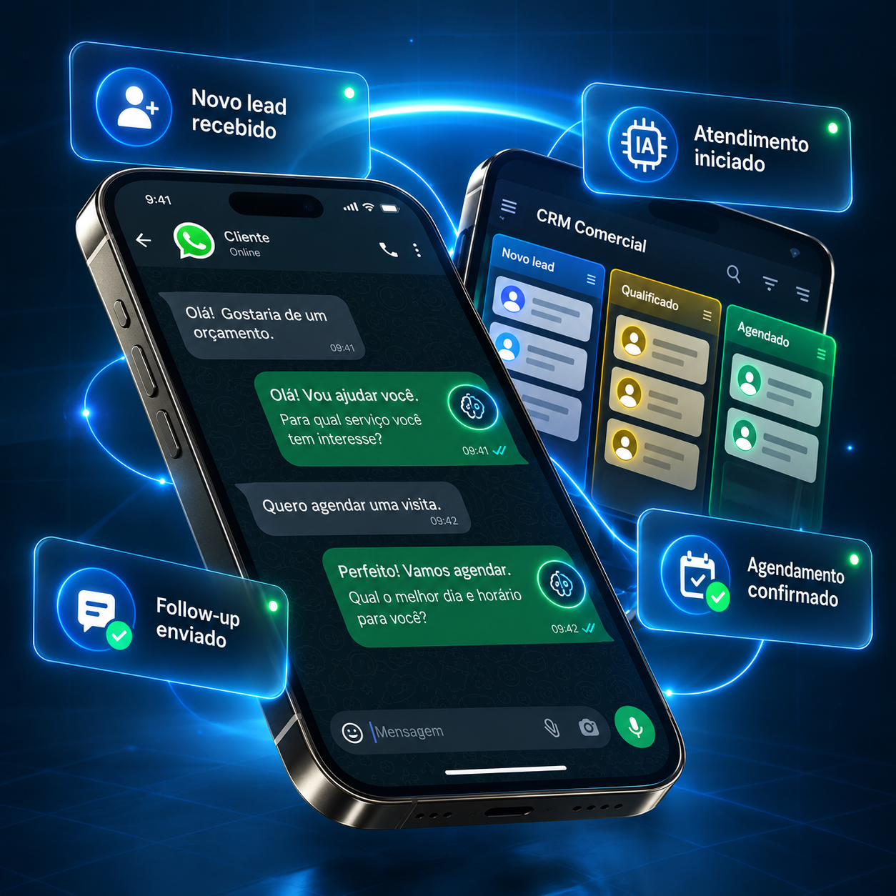 Atendimento pelo WhatsApp conectado ao sistema de gestão de contatos, com retornos e agendamentos.